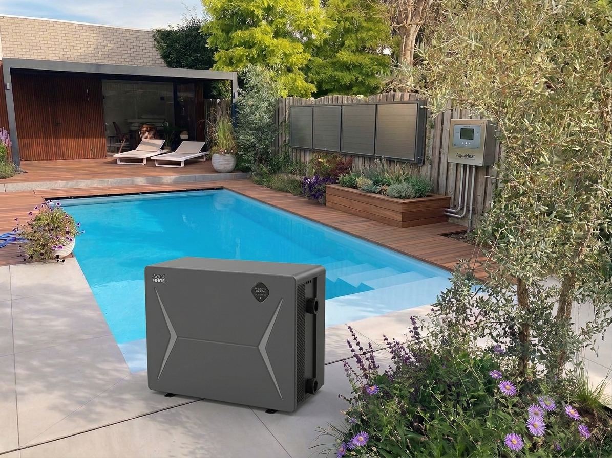 AquaForte zwembadwarmtepomp naast een inbouwzwembad in een tuin met houten vlonder en poolhouse